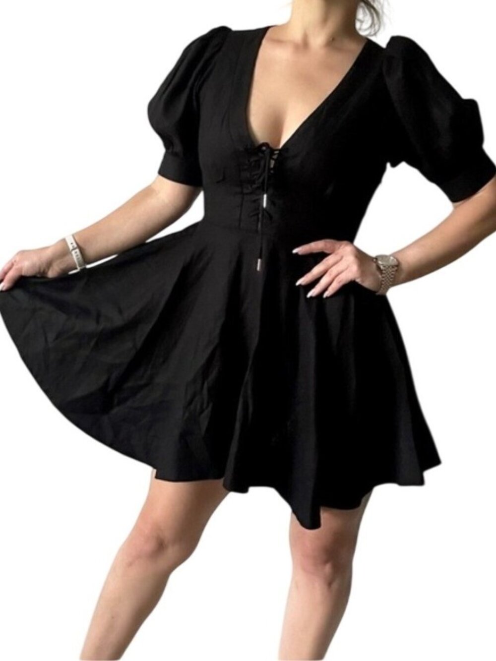 House of Harlow 1960 Black Linen Blend Lace Up V Neck Puff Sleeve Dress - Size 4 - Picture 2 of 9